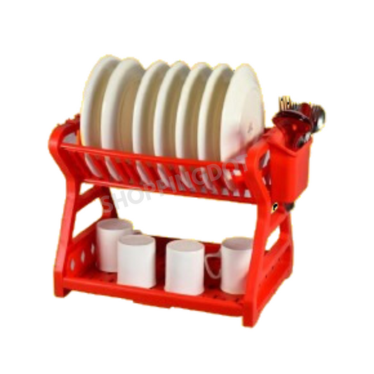 2-Tier Red Plastic Dish Drying Rack with Utensil Holder